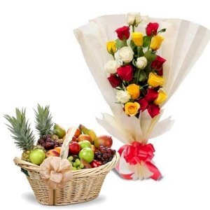 Mixed Roses With Fruit Basket