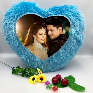 Heart Shape Blue Fur Personalized Cushion