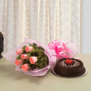 Pink Rose N Cake Combo