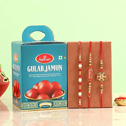 Set of 3 Rakhi and Gulab Jamun Combo