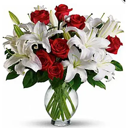 Bouquet of Red Roses and Oriental Lilies