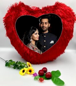 Heart Shape Red Fur Personalized Cushion