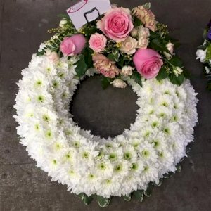 Wreath of Pink Roses and White Carnations