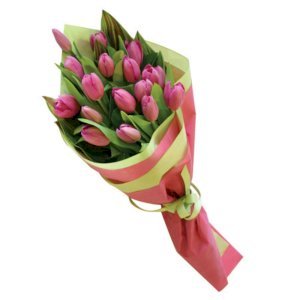 Pink tulips in paper packing